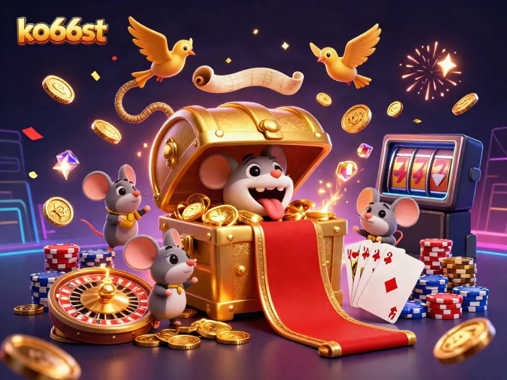 Experience excitement with the ko66st treasure chest attracting adventurer mice, amidst casino elements and jackpots.
