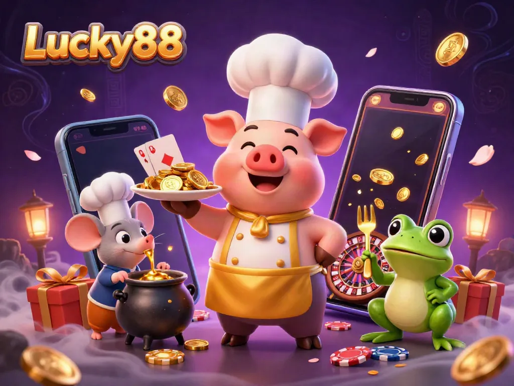Experience exciting gameplay at Lucky88 with a chef pig serving golden coins among dynamic casino symbols.