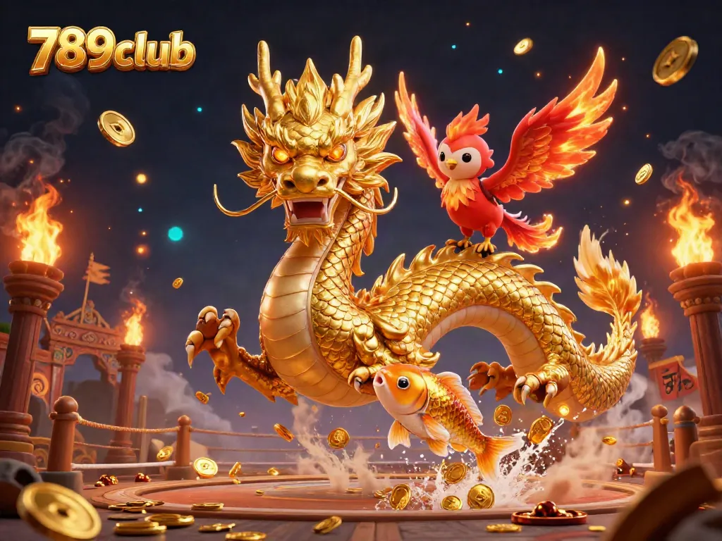 Join the action at 789club with a vibrant 3D casino scene featuring a golden dragon, phoenix, and koi fish.