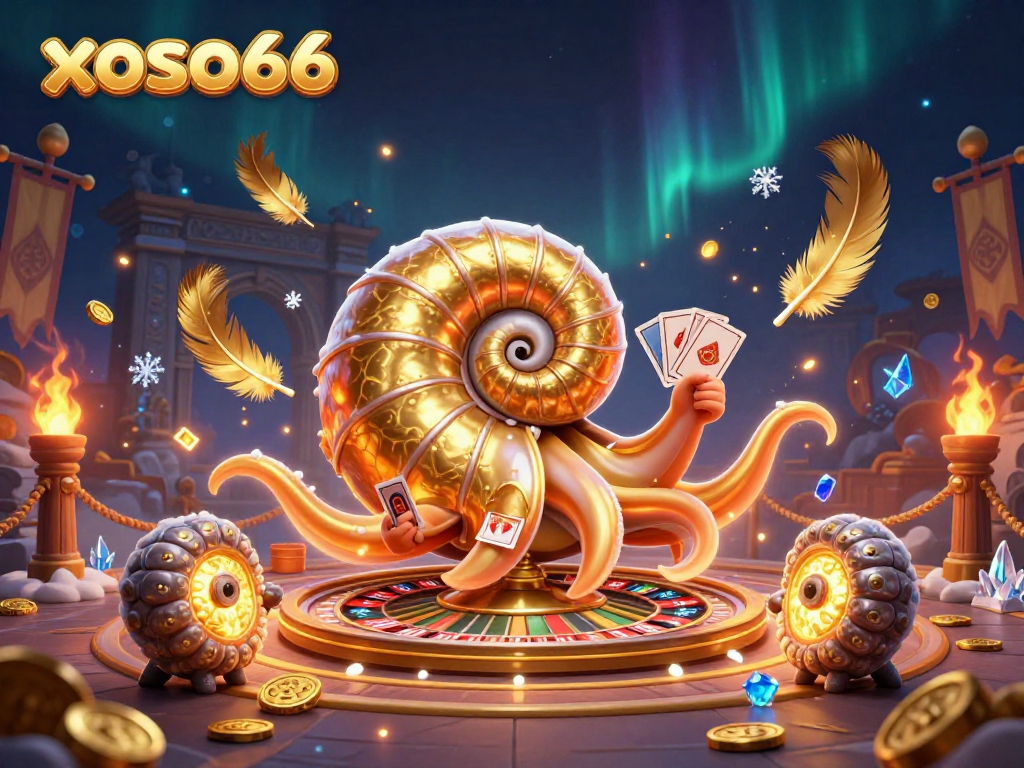 Experience thrilling bets with xoso66's ancient nautilus and glowing ammonites in a vibrant casino scene.