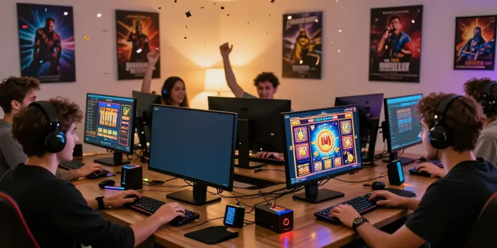 Friends celebrating a win at kayu77 online slots in a vibrant gaming setup.