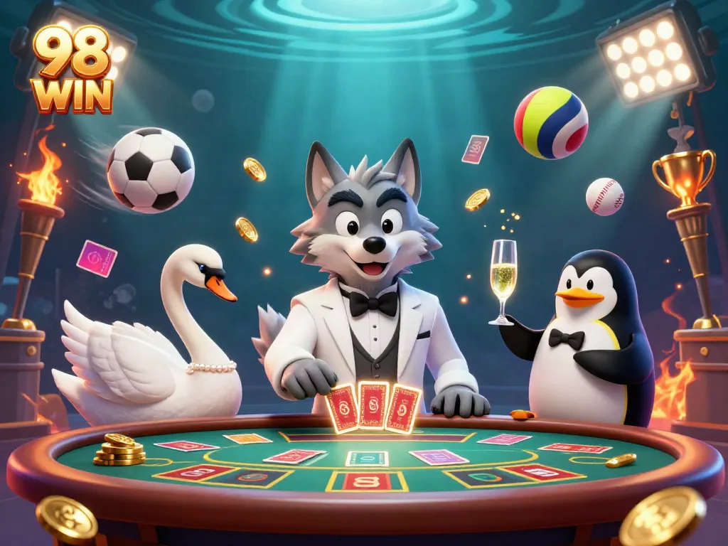 Experience the thrill of 98 WIN with a lively casino scene featuring a stylish wolf, swan dealer, and penguin sommelier.