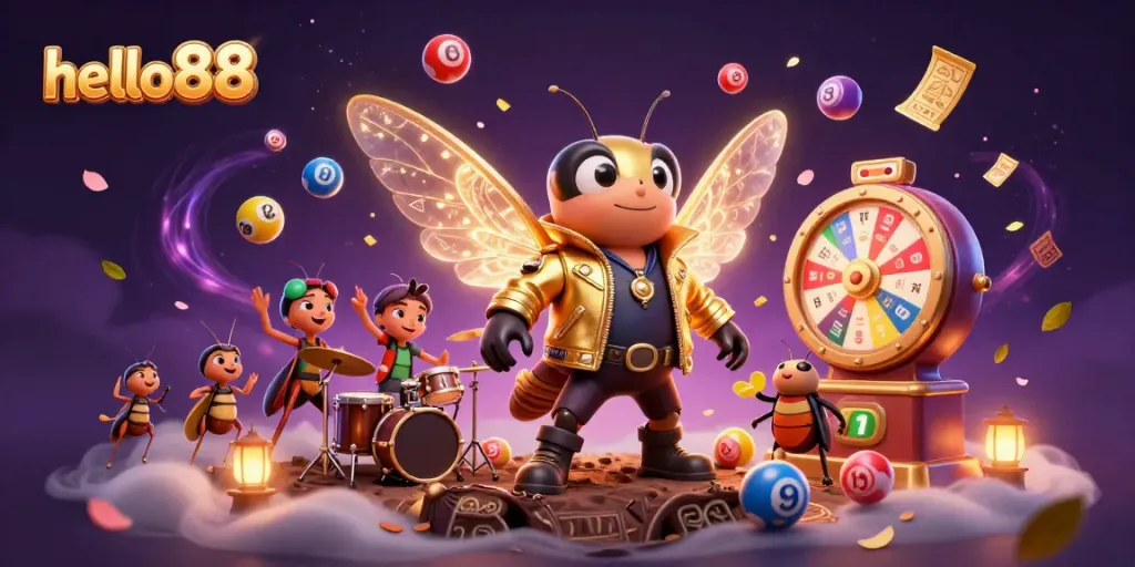 Experience the excitement of hello88's online casino with vibrant lottery elements and lively characters.