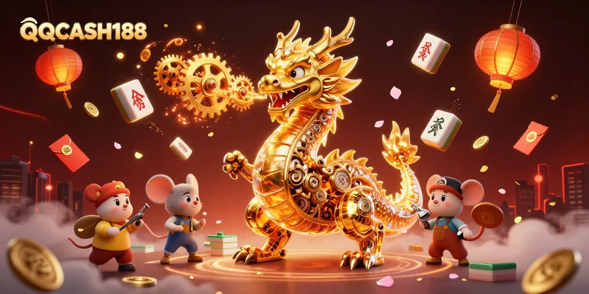 Engage with QQCASH188's thrilling casino scene featuring a golden dragon and festive elements.