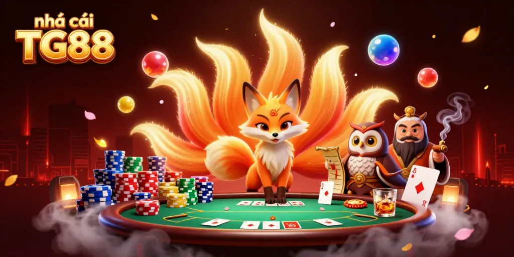 Engaging scene showcasing Nhà cái TG88 with vibrant colors, poker elements, and mystical characters.