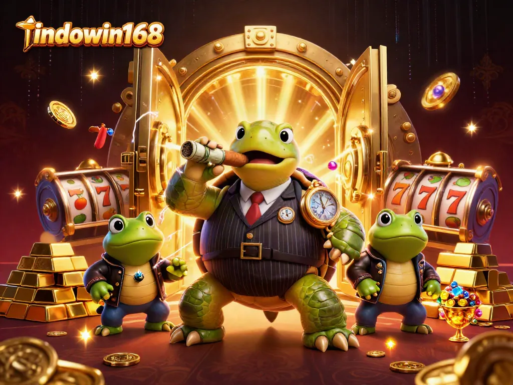 Engage with indowin168 in this vibrant casino scene showcasing slot reels and treasures.
