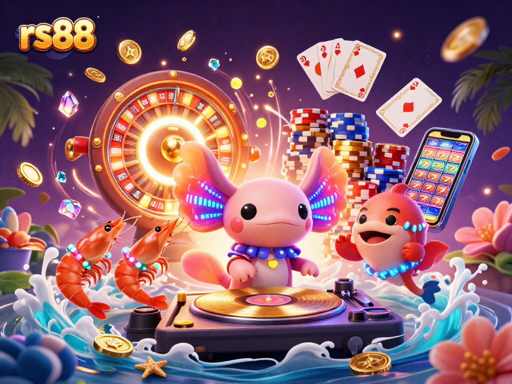 Experience rs88 with a vibrant underwater casino featuring a DJ axolotl and dancing sea characters.
