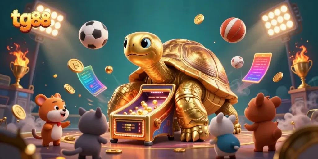 Spin and win with tg88 at a vibrant casino scene featuring a joyful tortoise pinball machine surrounded by excitement.