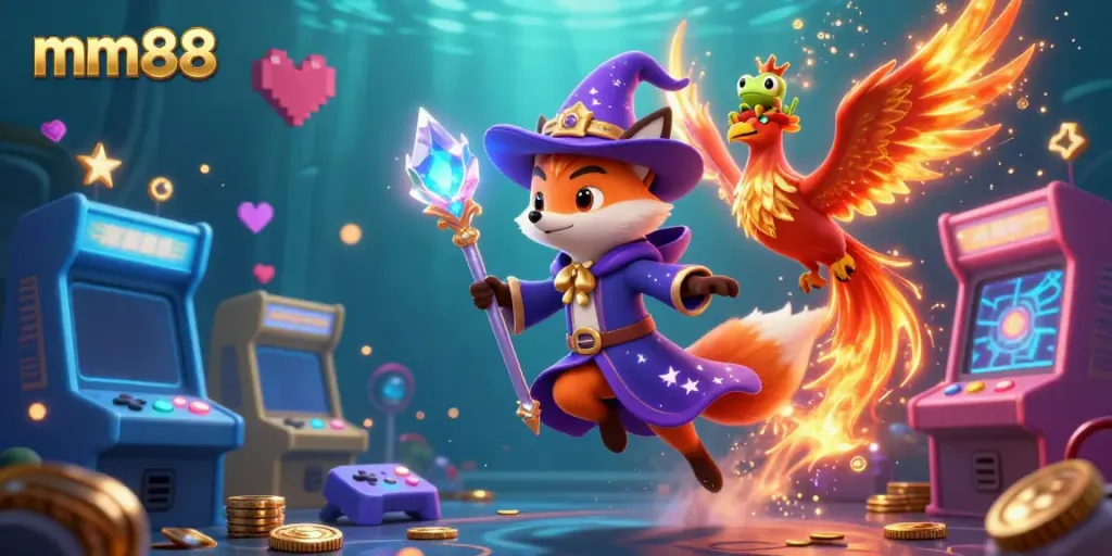 Engage in the magical world of mm88 with a wizard fox, phoenix, and enchanted frog amidst vibrant casino-themed games.