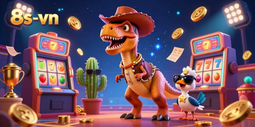 Experience the excitement of 8s-vn as a T-Rex and friends play slots in a vibrant casino scene.
