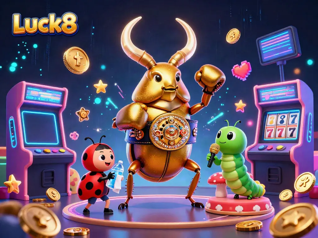Experience the thrill of Luck8 with an explosive 3D illustration showcasing exciting casino elements and characters.
