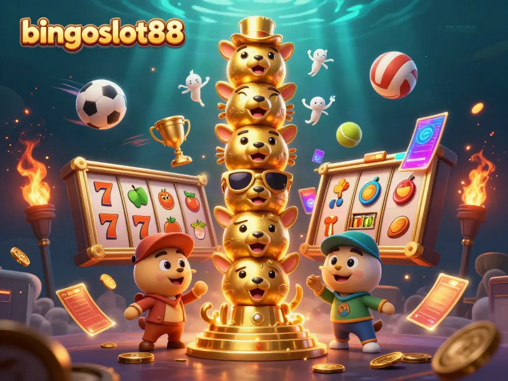 Gambarkan bingoslot88 dengan tema slot, totem emas, dan elemen olahraga dalam ilustrasi 3D