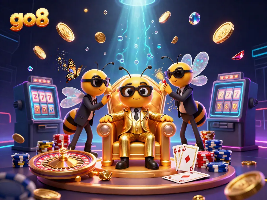Experience the dynamic go8 casino world with a buzzing bumblebee mob boss surrounded by gold coins and fortune.