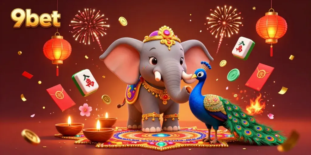 Experience the vibrant excitement of 9bet with rich gambling-themed elements and joyous celebration.