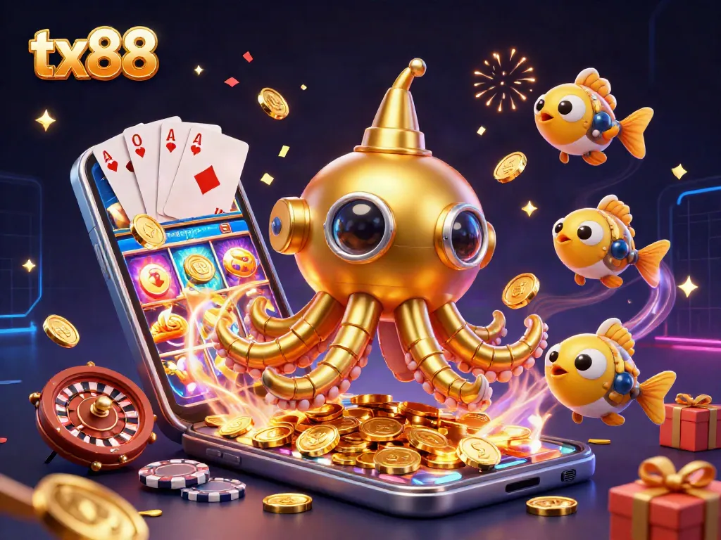 Spin the reels with tx88 in this vibrant 3D casino illustration bursting with action.