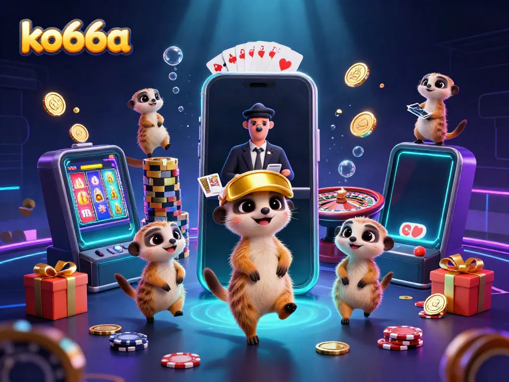 Experience exhilarating gameplay at ko66a with meerkats managing vibrant casino games and slot machines.