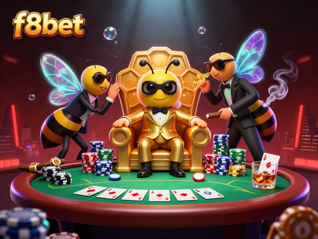 Experience the thrill of f8bet with a dynamic gambling scene featuring a 3D cartoon mob boss overseeing poker action.