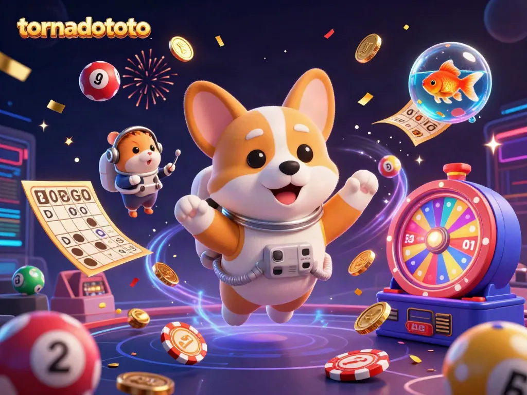 Experience the thrilling action at tornadototo, featuring colorful lottery elements and a spirited casino scene.