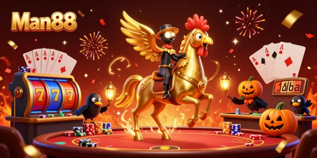 Experience vibrant gaming at Man88 with golden rooster and friends in a lively casino.