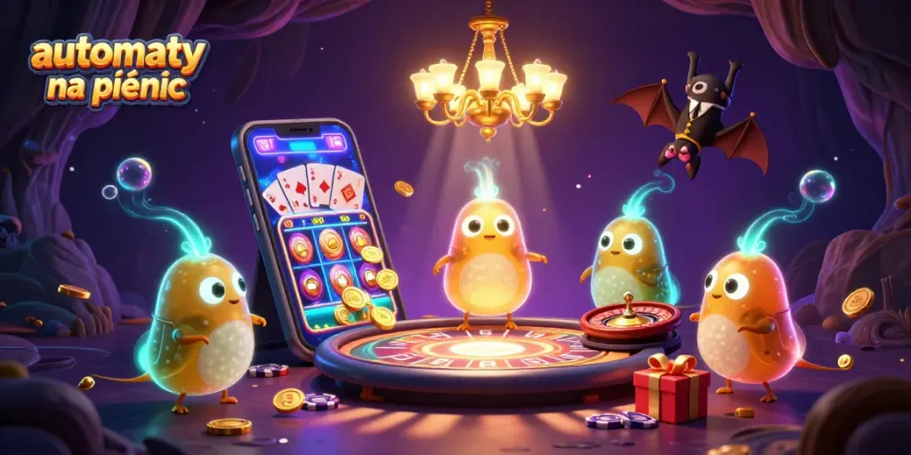 Engage with automaty online na pieniądze in a vibrant casino scene featuring glowworms and a bat dealer.