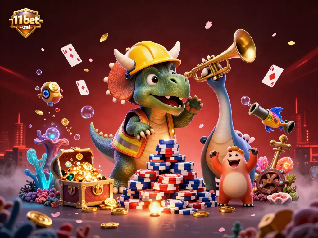 Engage with 11bet-onl as a colorful triceratops builds a poker chip pyramid in a vibrant casino scene.