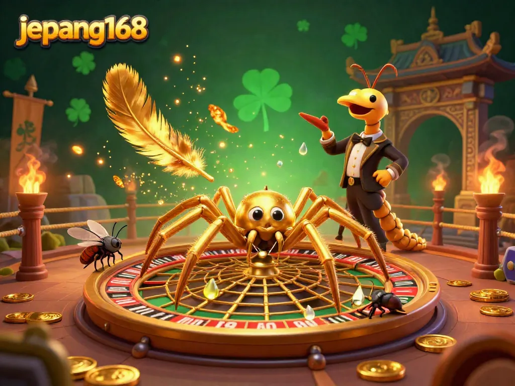 Experience the excitement of jepang168 with a dynamic 3D illustration of a spider spinning a roulette web and a centipede croupier.