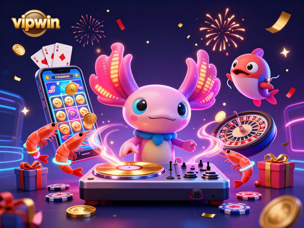 Experience vibrant gaming excitement at vipwin with animated characters in a colorful casino celebration