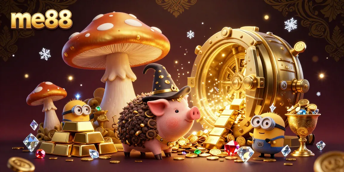 Win big at me88 with the golden mushroom wizard and treasure-filled casino scene.