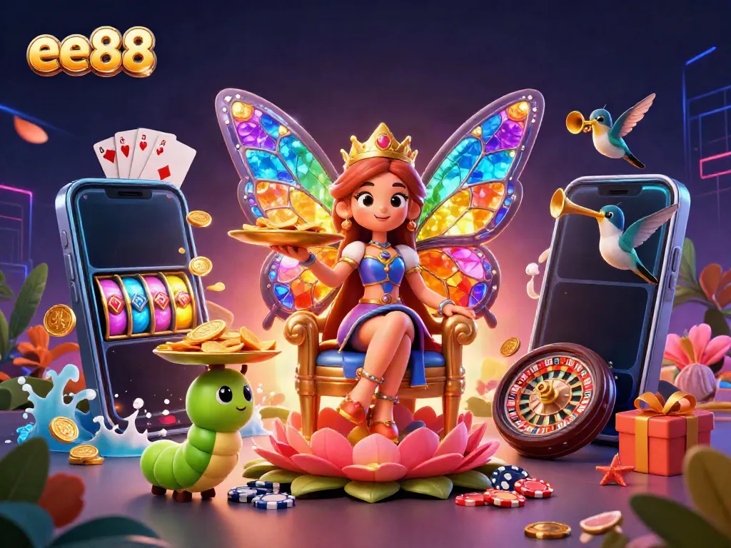 Experience the thrill of ee88 with a captivating 3D illustration showcasing vibrant casino elements and enchanting characters.