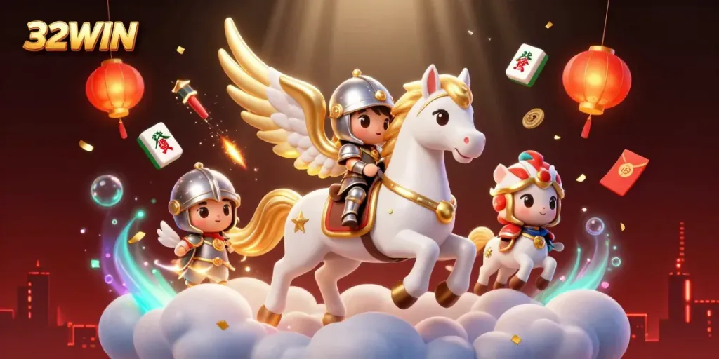 Experience thrilling gameplay with 32WIN, featuring a majestic horse and lucky casino elements.