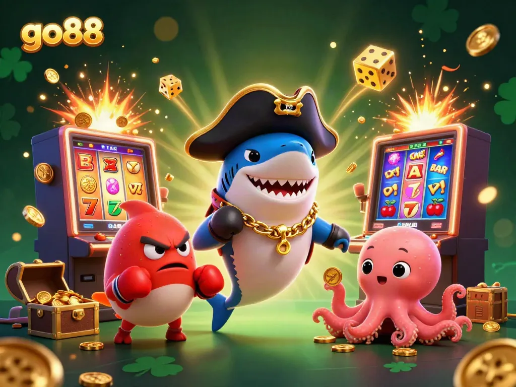 Experience the go88 casino excitement with a colorful, action-packed animated illustration featuring vibrant characters and games.