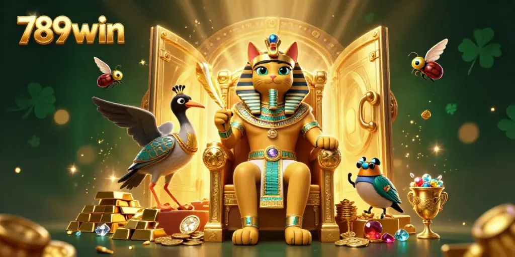 Experience the vibrant casino ambiance with 789win's pharaoh cat and treasure imagery.