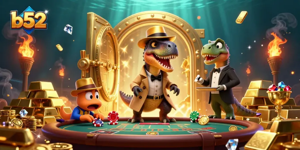 Engage with b52 slots at a vibrant casino illustrated with dinosaurs in a dynamic scene.