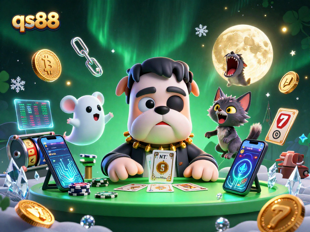 Spin the reels at qs88 with a lively scene of a bulldog dealer, ghost mouse, and a spirited kitten in a colorful casino setting.