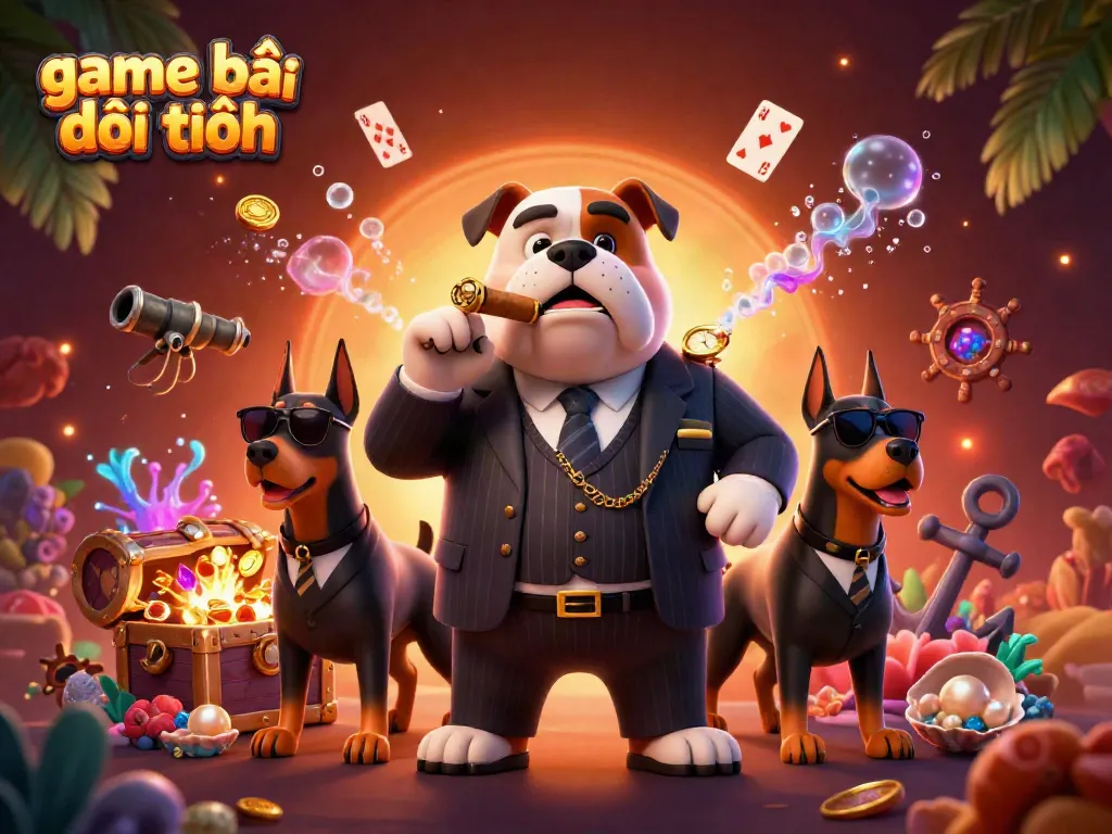 Engage in game bài đổi thưởng with thrilling imagery of a mafia boss and bodyguard Doberman pinschers amidst a vibrant casino scene.