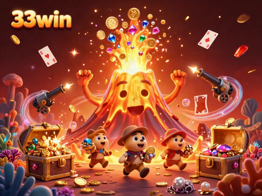 Engage in thrilling adventures with 33win as cartoon characters burst with treasure in a vibrant casino setting.