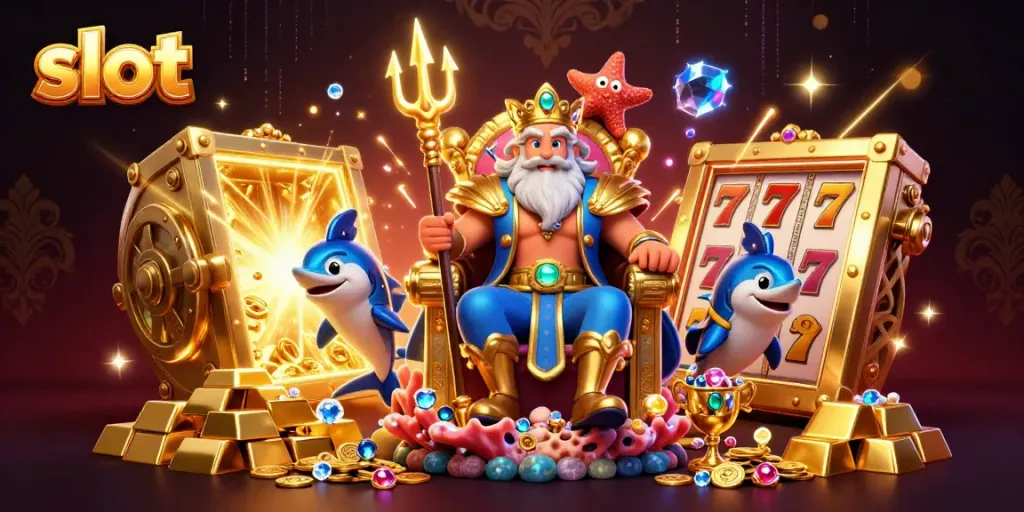 Engage with the vibrant slot adventure through a vivid 3D illustration featuring Neptune and treasure.