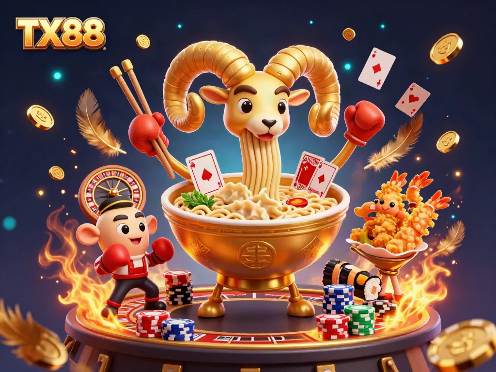 Engage with TX88 in this vibrant casino scene featuring a giant ramen bowl dealer amidst swirling golden coins and vibrant gaming elements.