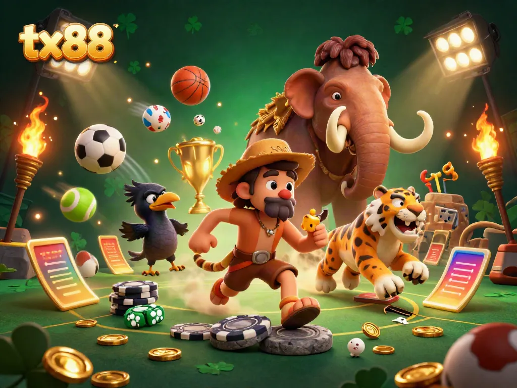 Experience the thrill of tx88 with a vibrant prehistoric casino scene featuring a caveman and tiger.