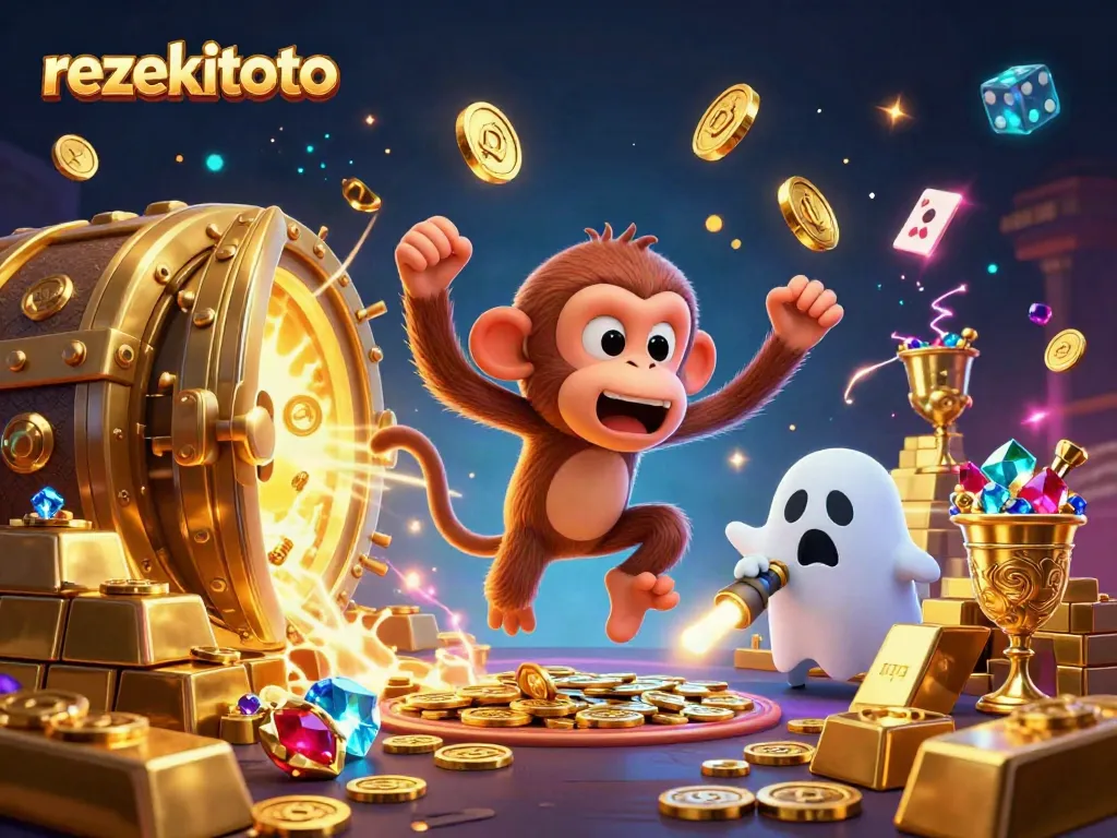 rezekitoto showcases a mischievous poltergeist monkey juggling casino items while a ghost-hunter puppy tracks it.