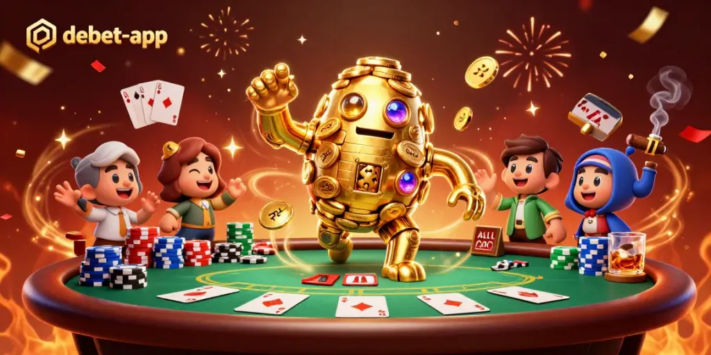 Experience the thrill of debet-app with the golden golem, poker elements, and celebration effects.