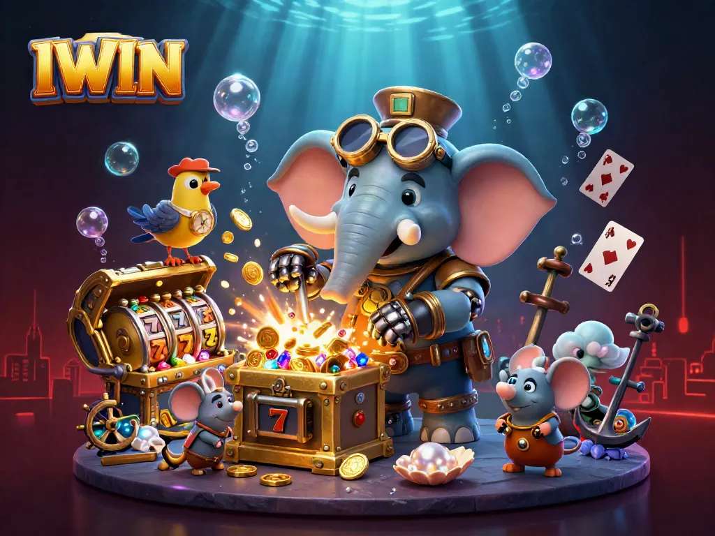 IWIN slot machine scene with steampunk elephant and treasure, showcasing joyful gameplay