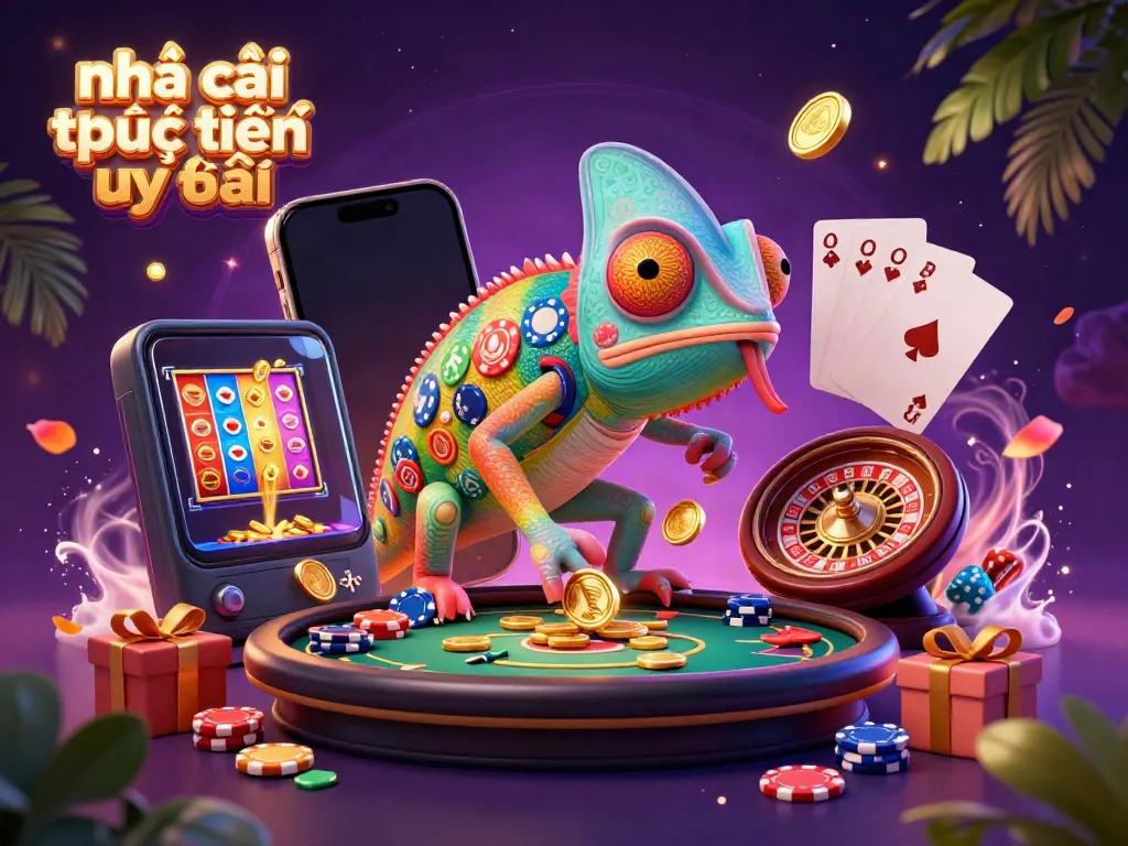 Engage with the vibrant world of nhà cái trực tuyến uy tín, showcasing a chameleon casino owner amid dynamic gaming elements.