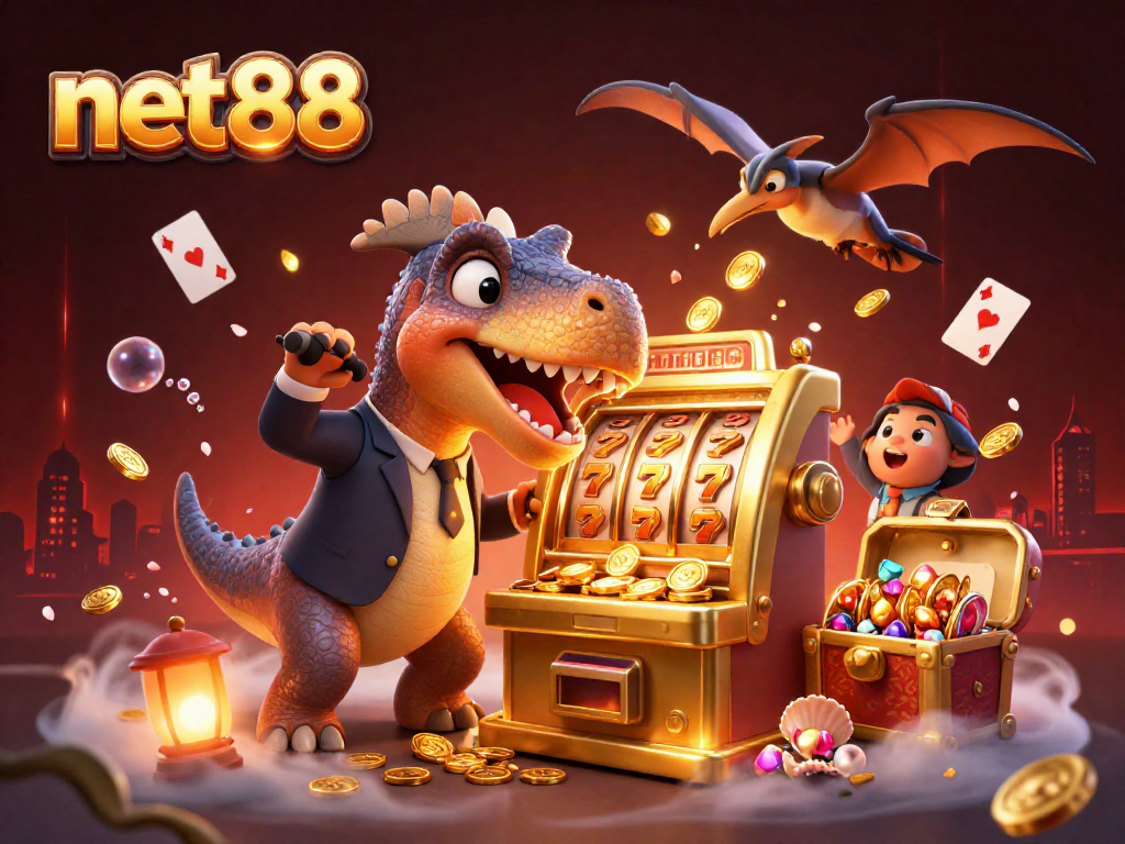 net88 casino scene with a pachycephalosaurus winning jackpot coins from a slot machine