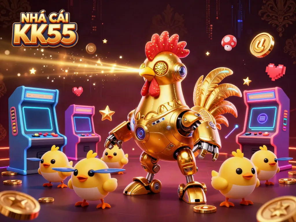 Experience excitement with NHÀ CÁI KK55, featuring a golden rooster robot and baby chick drones in vibrant gaming action.