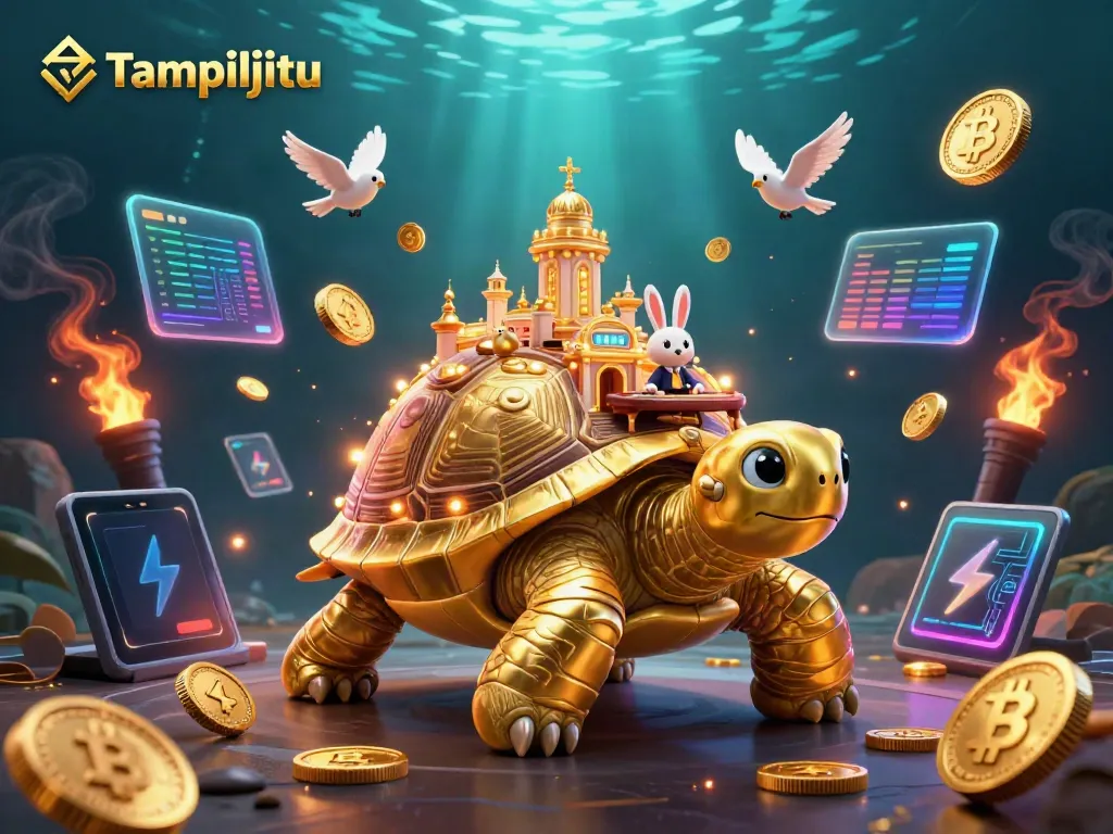 Join the excitement at Tampiljitu with a golden tortoise casino, vibrant bird companions, and glowing crypto coins.