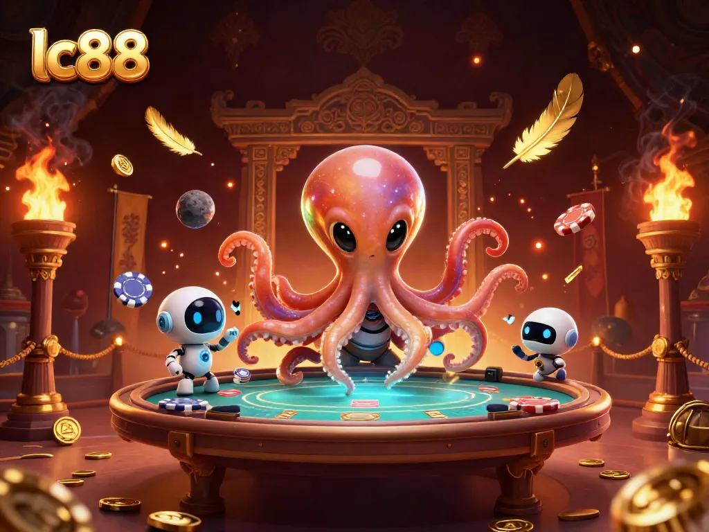 Engaging lc88 alien octopus at a poker table, surrounded by vibrant casino elements and dynamic energy.