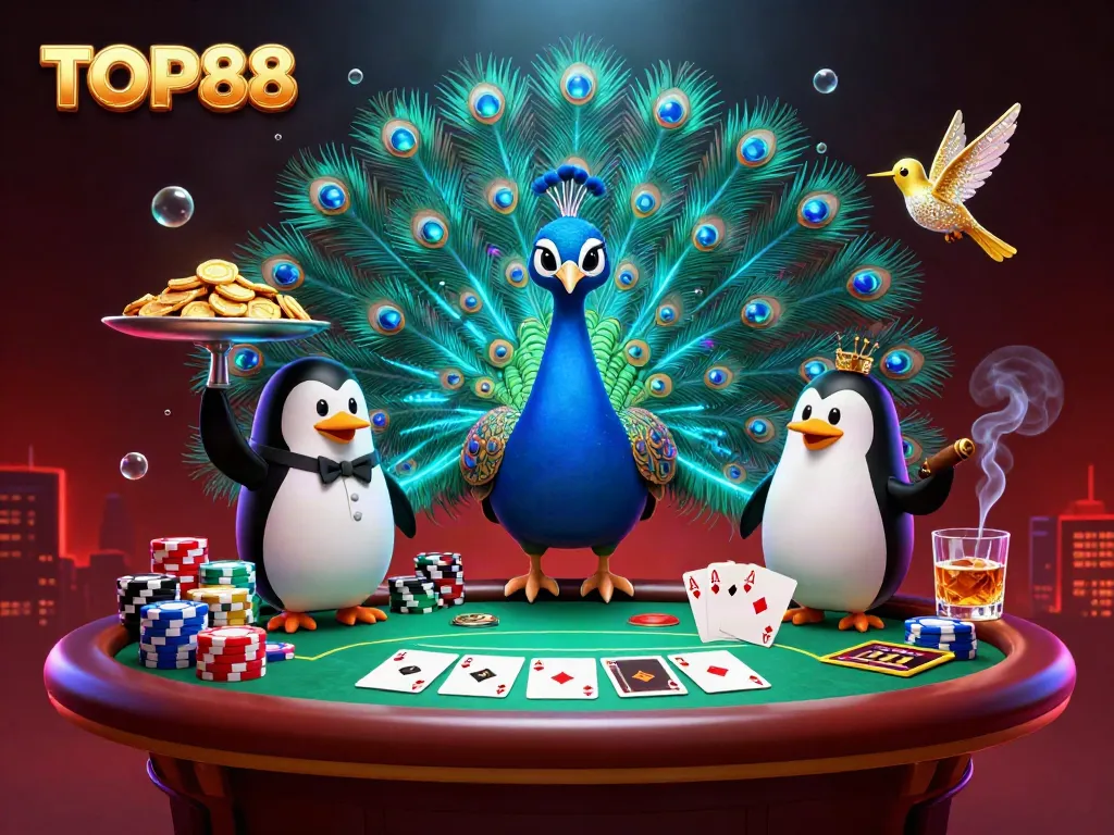 Experience TOP88's vibrant casino energy with a dazzling scene featuring game elements and animated characters.