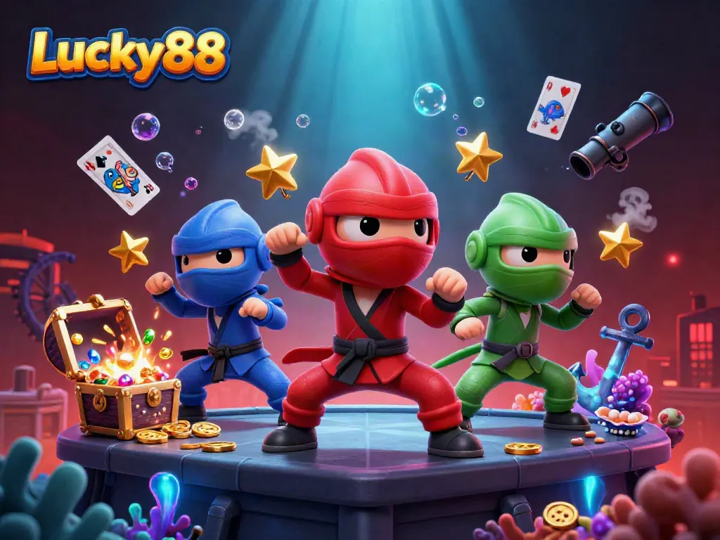 Lucky88 chameleons competing in a vibrant underwater casino scene filled with jewels and gold.