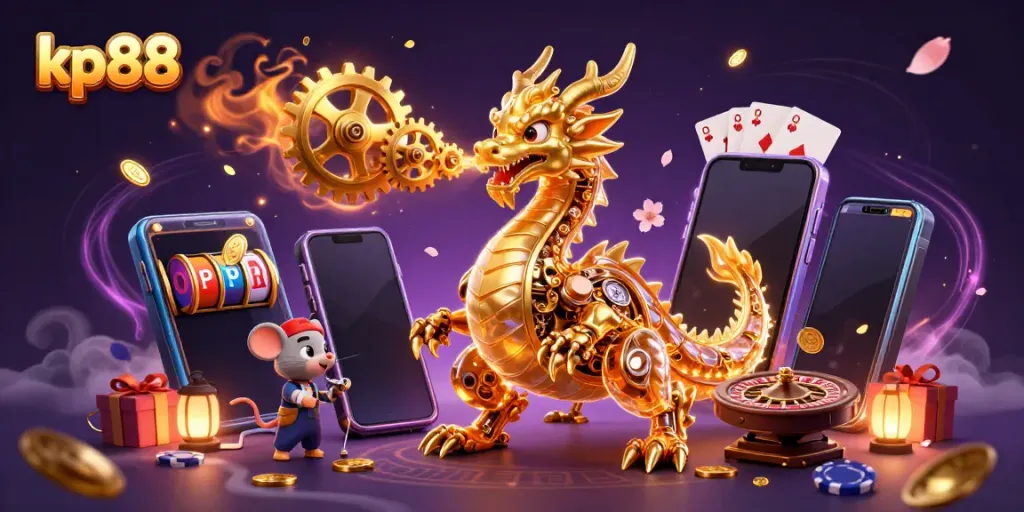 Engage in exhilarating gameplay at kp88 with a mechanical dragon and slot games surrounded by vibrant casino elements.